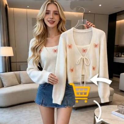 traje de dos piezas de moda 2026 Primavera Estilo simple Capas perfectas Top de punto acanalado sin espalda Moderno Sexy Top corto de punto acanalado para mujer Cárdigan corto con manga farol Y2K Estética central de ballet  Bohemio  Casual  Sexy
