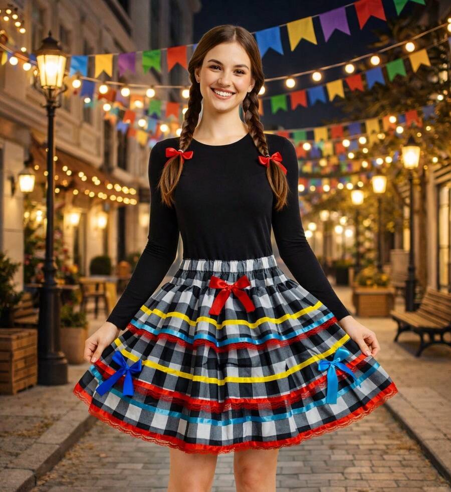 June Festival Skirt, Adult/Youth Cup, Countryside Checkered, Round Square Dance, Saint John's Day, Ruffles, Luxury - 紅色 - 查看 1