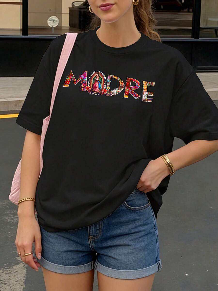 Camiseta Negra con Estampado de Modre para Mujer Verano Casual - Negro - Ver 1