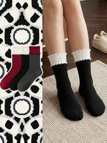 1/3 Pair Black Ribbed Contrast Mid-Calf Socks, Versatile Ballet Style Fuzzy Socks For Spring & Autumn - Multicolor - View 1