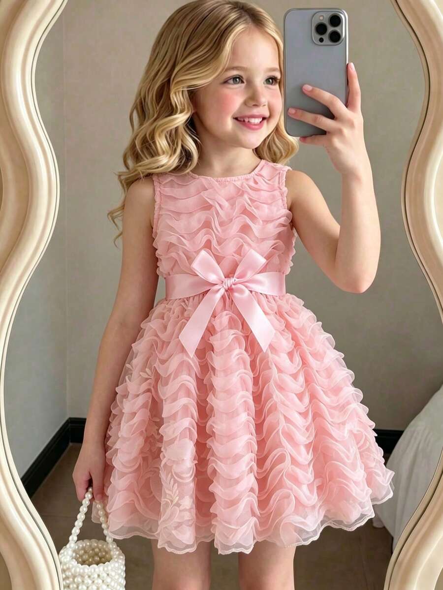 Vestido de Princesa para Meninas Jovens com Gola Redonda, Corpete de Tule com Babados, Cintura Marcada e Decoração de Laço, Elegante e Fashion para o Verão (Cinto Removível Incluído) - Rosa chiclete - Visão 1