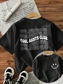 Spring/Summer Fashion, [Front And Back Images] "COOL AUNTS" Letter Pattern Elegant Women's T-Shirt, Simple Retro Print Spring/Summer Sports Short Sleeve Vacation Outfit, Women's Retro Loose Slimming Versatile Top, Friendly, Slouchy Style, Y2K Vintage, Vacation Casual, Summer Outfits For Women, Vacation Outfits For Women - 黑色 - 查看 1