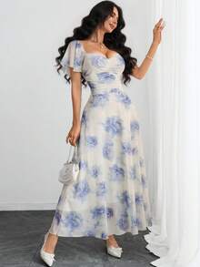 Women's Gothic Black Floral Print Mesh Dress, Ruched Bust Design, Ruffle Sleeves, A-Line Silhouette, Sheer Hem, Vintage Elegant Long Design Vacation Summer - Multicolor - View 2