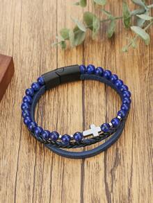 1pc Retro Cross Decor Men's Layered Beaded & PU Leather Bracelet, Natural Stone Beaded Magnetic Clasp Bracelet For Daily Wear & Gift - Multicolor - View 15
