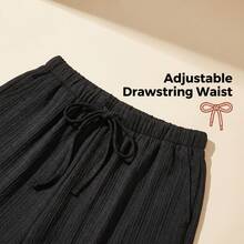 Black Textured Wide Leg Casual Pants, Drawstring Waist, Loose Fit, Suitable For Work And Shopping Spring - Black - View 4