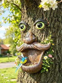1 pieza Alimentador de pájaros con forma de árbol y maceta, decoración exterior de árbol interesante con ojos grandes y bigote, adecuado para colgar en el patio, jardín, terraza o patio trasero como alimentador de pájaros, decoración de resina impermeable, arte de patio único, excelente para observación de aves y amantes de la naturaleza, adecuado para decoración exterior de primavera/verano, puede atraer gorriones y otros pájaros pequeños - A - Ver 3