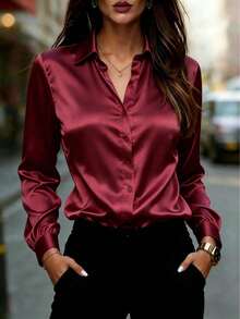 Spring Satin Notch Lapel Blouse Women Business Casual Button Down Shirt Office Work Blouses For Women Dressy Cute Going Out Tops 2026 Fashion Clothes - 酒紅色 - 查看 1