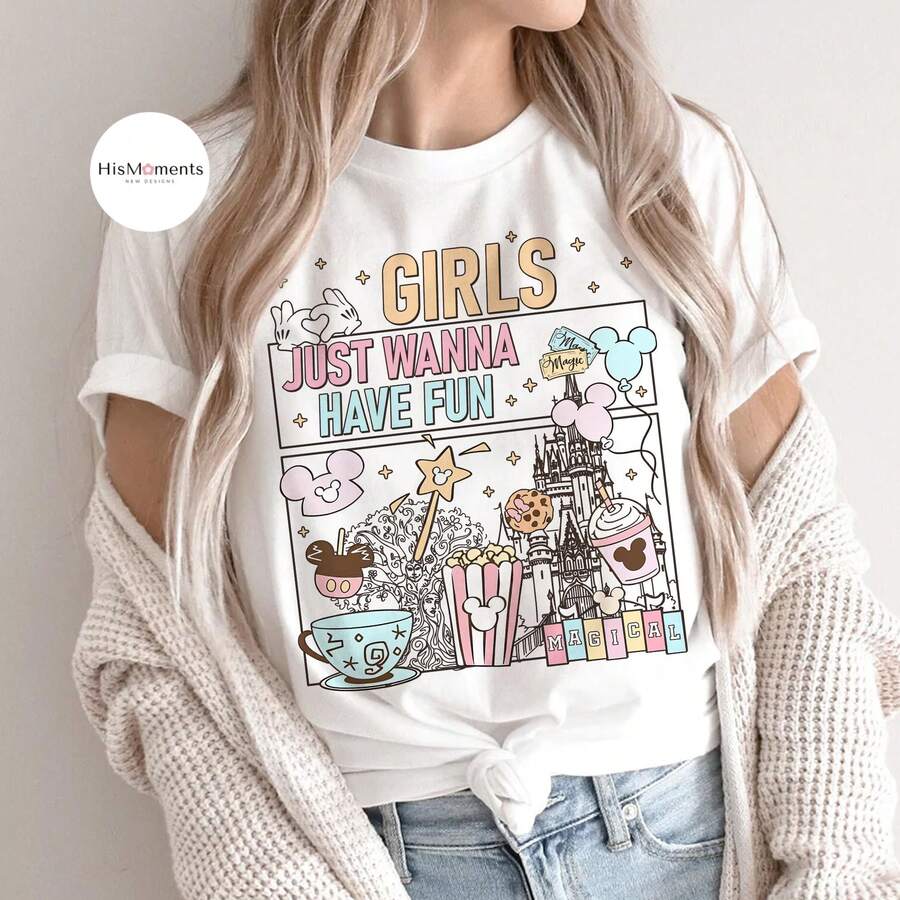 Loose Oversized Girls Just Want To Have Fun T-Shirts, Mini Daisy Tour T-Shirts, Disney Girlfriends T-Shirts, Disney World Holiday T-Shirts, And Disneyland Magic Kingdom T-Shirts - trắng - Xem 1