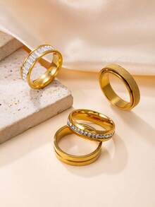 4pcs Classic Luxury Gold Stainless Steel Ring Set, Square/Round Diamond / Matte Rotating Design, Women Stackable Promise Rings, Suitable For Wedding Season & Anniversary - Gold - View 2