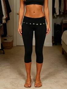 Women's Capri Pants Fold Over Waistband Low Rise Button Decor Slim Fit Stretch Yoga Leggings - Negro - Ver 3