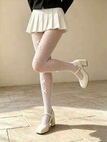 White Fishnet Tights With Bow Pattern - Cute Sheer Mesh Pantyhose For Women, Kawaii Japanese Style Legwear - Multicolor - View 8