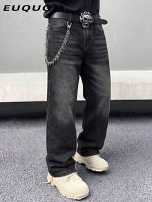 Quần jeans ống rộng dáng suông dành cho nam, phong cách đường phố thường ngày, phù hợp cho mọi mùa. - Đen và trắng - Xem 4