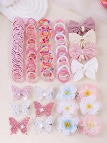 181pcs Pink Ombre Dreamy Princess Style Hair Accessories Set For Girls, Spring & Summer, Includes Shiny Butterfly Hair Clips, Pearl Bow Hair Clips, Camellia Hair Clips, High Elastic Non-Damaging Hair Ties, Suitable For Daily, Outing, Party To Create Elegant Hairstyles - Multicolor - View 4