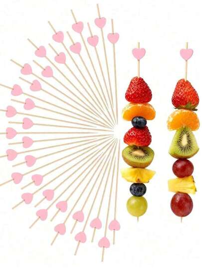 100 xiên tre hình trái tim, thích hợp dùng cho món khai vị, bánh mì sandwich và trái cây - Đồ dùng trang trí tiệc và phục vụ đồ ăn hình trái tim màu hồng xinh xắn.