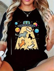 Camiseta Alien  Cat UFO - Temática Espacial Retro, Cuello Redondo Suave, Manga Corta, Estilo Casual, con diseños de rayos alienígenas y gatos, adecuada para cosplay, un regalo para amantes de los gatos y adolescentes, ropa duradera y lavable a máquina (Tallas S-XXXL) TY6Z - Negro - Ver 6