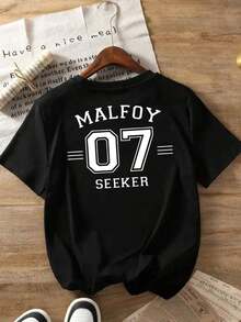 1pc,1pc,Women'S Short-Sleeved Front And Back, Malfoy, 07 Printed T-Shirt, Casual White Round Neck T-Shirt, Elastic, Machine Washable, Suitable For Spring/Summer/Autumn Round Neck Women's Printed T-Shirt - màu đen - Xem 2