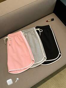 3pcs/Set - Women's Summer Sports Casual Shorts, Black With White Trim, Elastic Drawstring Waist, Comfortable Cool Breathable Outdoor Sports Fitness Hot Pants, Perfect For Outings, Beach, Gift For Girlfriend, Lover - Multicolor - View 4