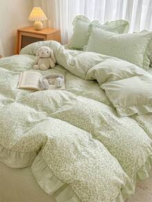 3pcs 100% Polyester 2026 New Romantic Floral Ruffled Duvet Cover Set, Includes 2 Ruffled Pillowcases + 1 Ruffled Duvet Cover (No Bed Sheet),Mint Green - Multicolor - View 5