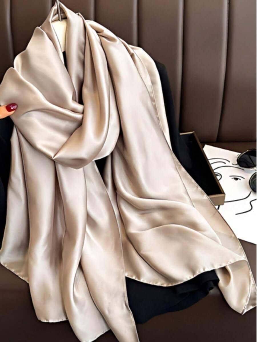 Khăn choàng lụa satin màu kaki mới, 1 chiếc - Màu Khaki - Xem 1