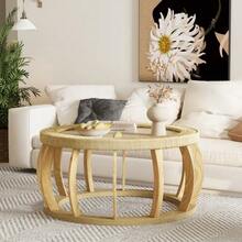 Vintage Round Coffee Table Made Of Rattan And Solid Wood, Boho Style Side Table With Curved Legs For Dining Room, Kitchen And Living Room, Natural Color. - Warna alami - View 9