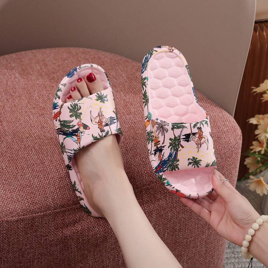 男女通用拖鞋,热带印花,防滑,室内,浴室,淋浴间,夏季家居服 - 粉色 - 查看 1