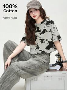 Camiseta de manga corta suelta con cuello redondo y estampado de letras gris verano JUTU, top corto teñido anudado versátil y de moda, informal - 396 ceniza de cemento - Ver 6