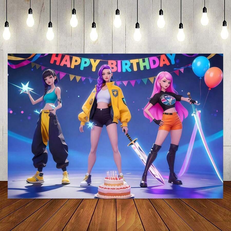 Hasbro 一套K-Pop女巫狩猎动漫主题装饰，包括背景幕布、女巫狩猎团体图案、生日派对装饰，适合粉丝见面会、生日派对，打造独特欢乐的女巫狩猎团体派对装饰礼物。 - 彩色 - 查看 1