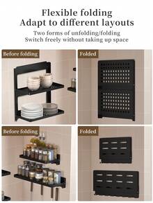 1 pieza Estante de almacenamiento de cocina montado en la pared con ganchos - Fácil de ensamblar, diseño plegable, para almacenar utensilios, especias, cuchillos, espátulas y cucharones, estante de almacenamiento ahorra espacio para la cocina y el comedor - Organizador de cocina y estante de almacenamiento de estructura de metal resistente - Estante de almacenamiento - Ver 4