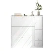 Versatile Tilting Shoe Cabinet With 3 Fold-Down Drawers, Storage Entryway Organizer With Drawer, Freestanding Shoe Rack With Fold-Down Bench For The Hallway, White, 119*24*122 - White - View 5