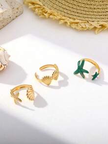 Bộ 3 chiếc nhẫn hở điều chỉnh được kiểu dáng đại dương, thiết kế sao biển và vỏ sò màu xanh dương, phù hợp cho sử dụng hàng ngày, văn phòng, bãi biển, tiệc tùng, kỳ nghỉ, tuyệt vời để làm phụ kiện chụp ảnh, cũng có thể là quà tặng dự tiệc/ngày lễ. - Nhiều màu - Xem 2