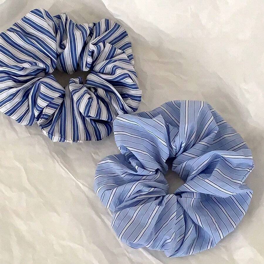 1个/2个蓝色条纹发圈，2026款优雅奢华发绳发饰 - 天藍色 - 查看 1