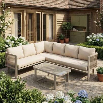 Garden Furniture Set, 6 People, Corner Configuration, Galvanized Steel Tubing, Glass Tabletop, Teslin Rope Weaving, Including Dining Table, Bench, Chairs And Sofa, Khaki