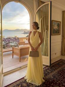 Solid Color Casual Elegant Party Halter Backless Long Dress, Women's Slimming Resort Evening Gown - Yellow - View 4
