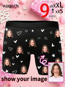 1pc Men's Customized Face Photo Print Briefs, Personalized Heart Star Pattern Underwear, 9 Sizes XXS-XXXL, Anniversary Birthday Gift - Black - View 3