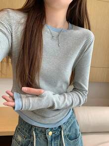 Women's Autumn/Winter Slim Fit Contrast Color Striped 2-In-1 Long Sleeve T-Shirt Casual Style - Grey - View 6