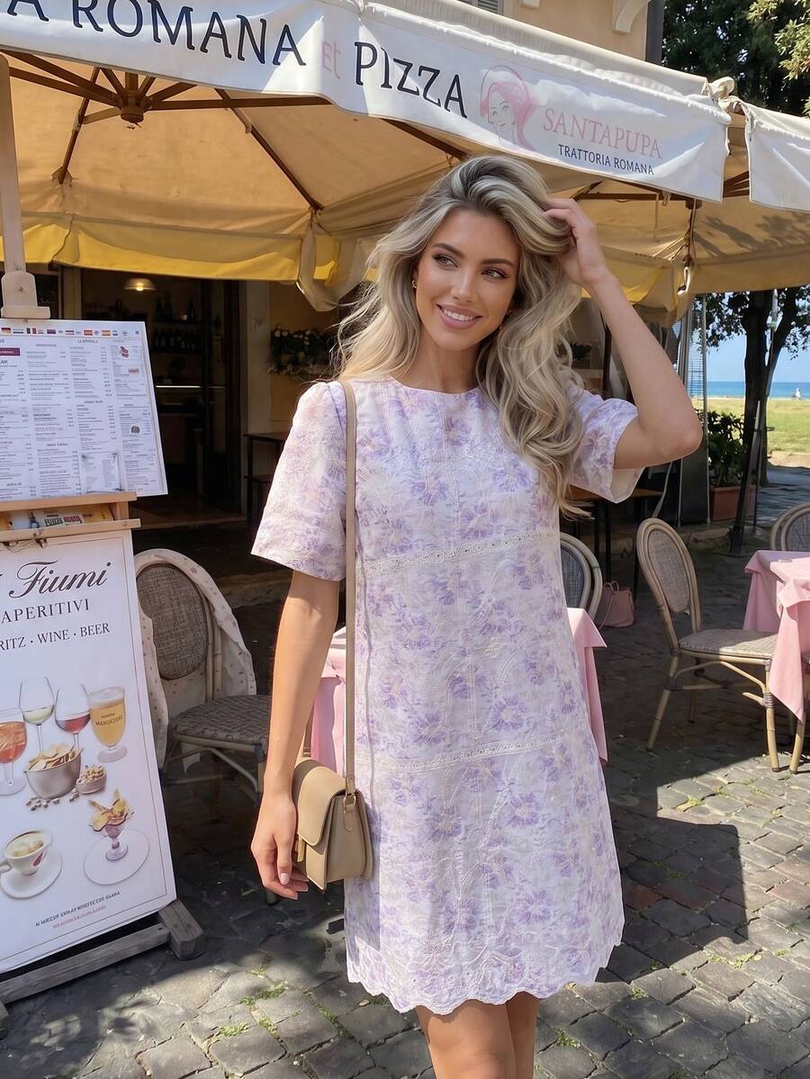 2026 Summer New Arrival French Elegant White Midi Dress, Luxury Embroidery Round Neck Vacation Style Short Dress For Women - Mauve Purple - View 1