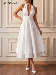 QUNGIGU Vestido midi de mujer con tirantes finos, cuello en V profundo sin mangas, corte evasé con volante en el bajo, elegante para fiestas de verano, cócteles, bodas - Blanco - Ver 2