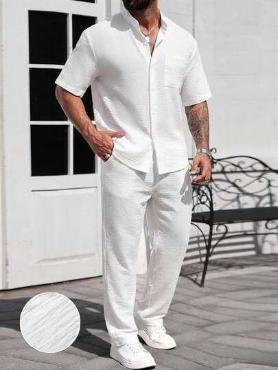 Minimalist Men's Casual Set, White Textured Crinkle Fabric Mandarin Collar Short Sleeve Shirt + Drawstring Elastic Waist Pants, 2-Piece Outfit For Daily, Commute, Home & Leisure