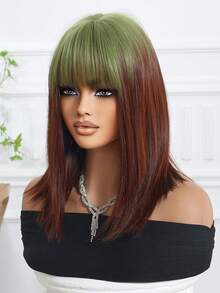 14 Inch Gradient Green To Reddish Brown Straight Synthetic Wig With Bangs, Heat Resistant, Easy To Wear And Maintain, Perfect For Daily Wear, Y2K Style, Party, Cosplay, Music Festival, Halloween, Ideal Holiday Gift For Girls - Brown Ombre - View 6