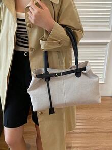1 pieza Bolso de tela tipo tote color caqui, nuevo diseño con decoración de correa, gran capacidad, patchwork de ante sintético, bolso de hombro para mujer - Negro - Ver 12