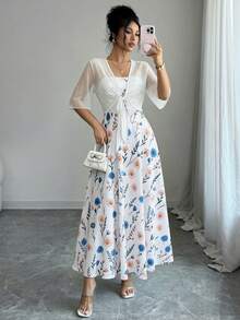 Bộ váy và áo khoác chiffon họa tiết hoa nhí thanh lịch dành cho nữ, trang phục thời trang cho ngày Valentine mùa xuân. - Nhiều màu - Xem 2