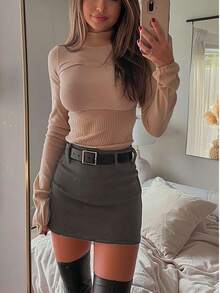 Solid Color Casual Zipper Closure Elegant Bodycon Mini Skirt, Versatile For Daily Office Wear - Dark Grey - View 1