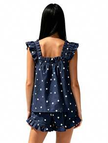 Women 2 Piece Pajamas Outfits Summer Dot Print Ruffled Trim Sleeveless Tank Tops and Shorts Set Sleepwear - Azul - Ver 4