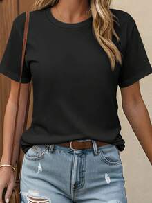 MPLSL|Women's Soft Stretch Casual T-Shirt - Round Neck Short Sleeve Pullover Top, All-Season Comfort, Machine Washable, Regular Fit H-Line For Casual Attire, Cute T Shirts, Comfortable Pullover, Classi - 黑色 - 查看 1