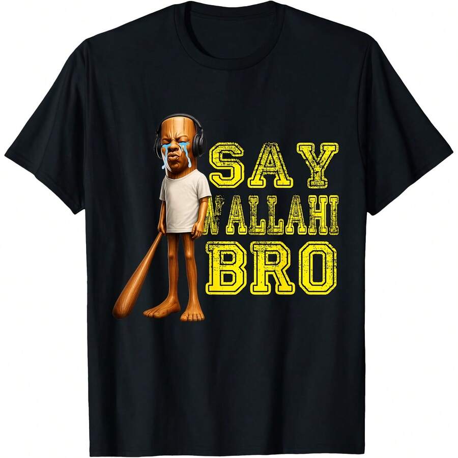 Funny Tung Tung Speed Brainrot Say Wallahi Bro Meme T-Shirt - Black - View 1