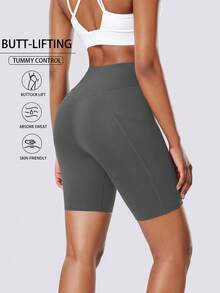 Seitentaschen Einfarbige Kreuz-Taille Damen Sport Shorts, Hohe Taille Lifting Yoga Shorts für Fitness, Pilates, Outdoor Laufen, Radfahren, Lässig Zuhause - Grau - Übersicht 2