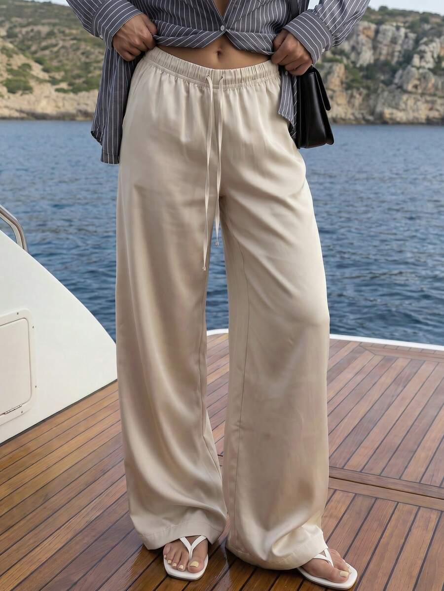 Women's Elegant Solid Champagne Satin Wide Leg Pants, Drawstring Waist, Summer Beach Holiday Style - Champagne - View 1