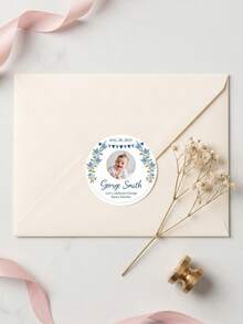12/24/48pcs Personalized Photo Stickers, Customizable With Names, Birthday Party Decorations, Blue Floral Patterns, Circular Labels, Back To School - Multicolor - View 4
