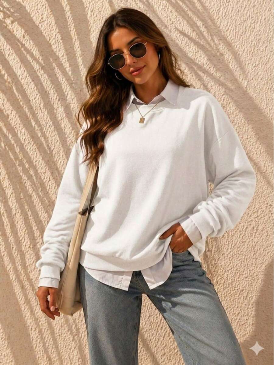 Crew Neck Sweatshirt Without Print, Winter Fashion Jacket, Unisex, Women's, Men's. - 白色 - 查看 1