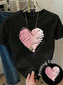 Camiseta Casual de Manga Corta con Cuello Redondo y Estampado de Corazón Rosa para Mujer |   Diseño exquisito |   Suelto y cómodo |   Fácil de combinar | - Negro - Ver 2